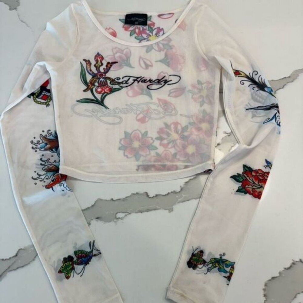 Ed Hardy Sheer Tattoo Print Long Sleeve Top